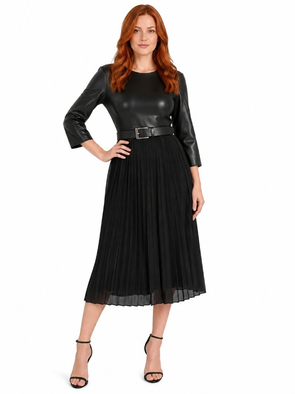 Steve Madden Knox Vegan-Leather Bodice Midi Dress Black